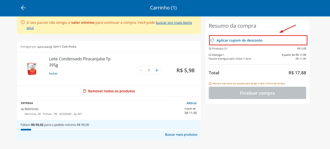 Onde inserir cupom de desconto Sam