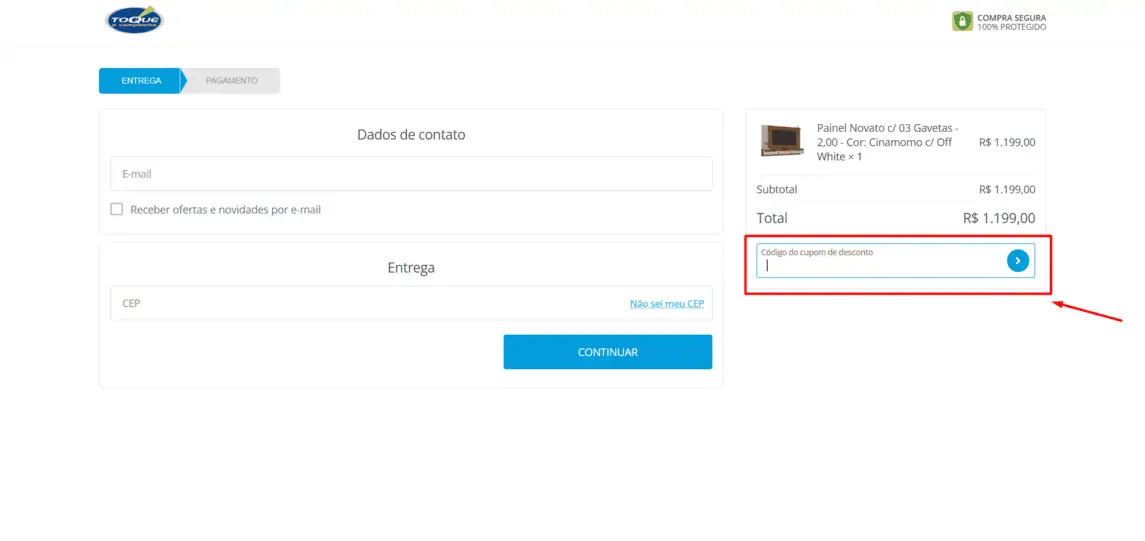 Onde inserir cupom de desconto Toque a Campainha