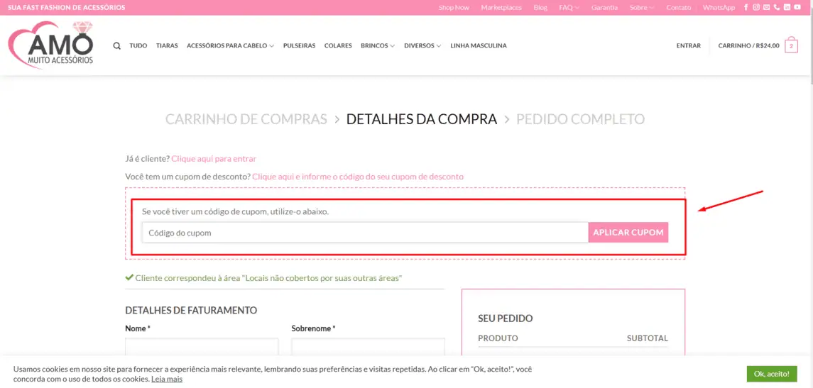 Onde inserir cupom de desconto Amo Muito