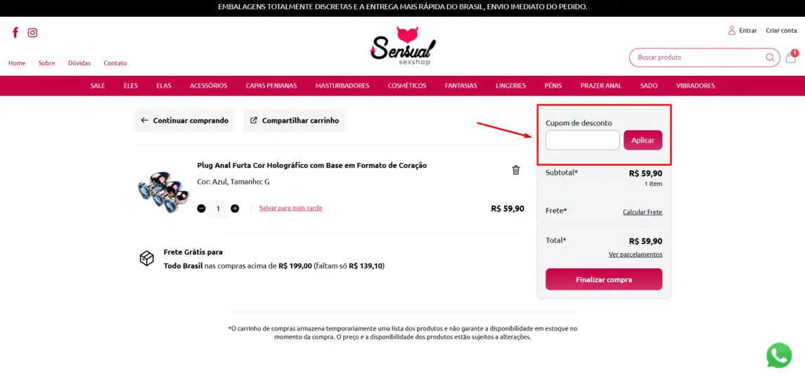 Onde inserir cupom de desconto Sensual Sexshop