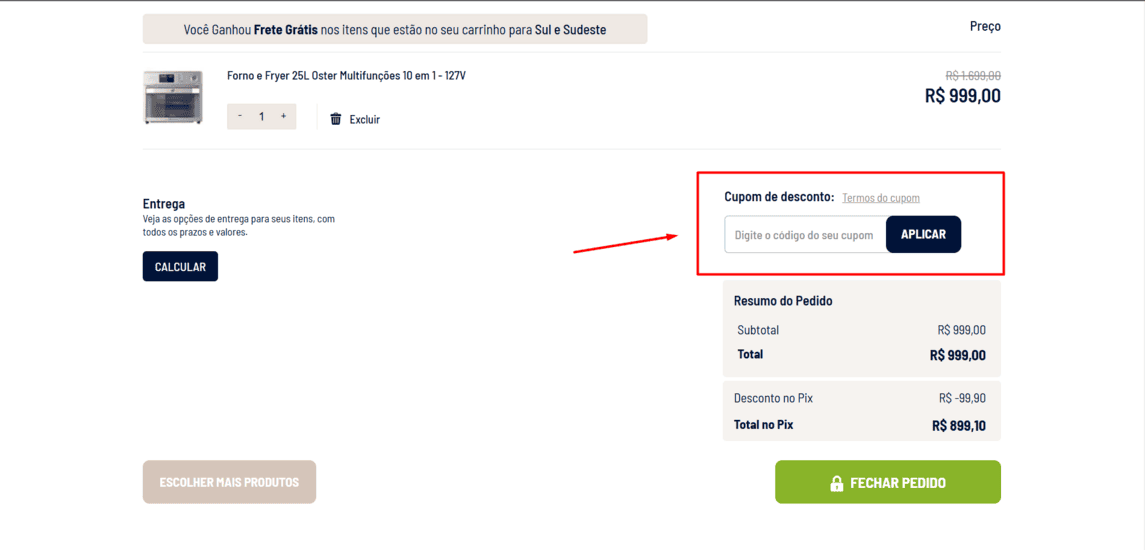 Onde inserir cupom de desconto Oster