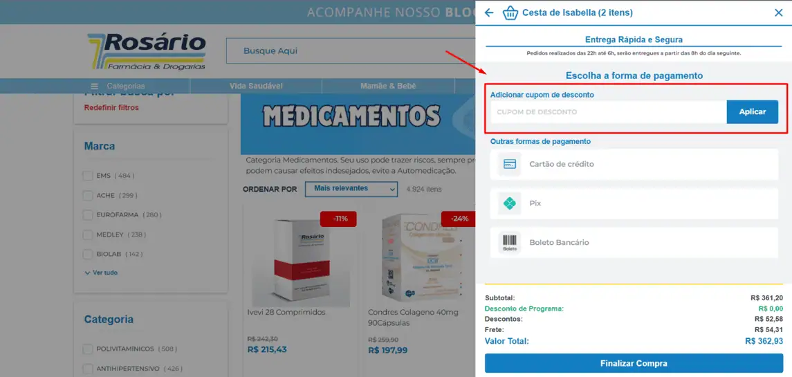 Onde inserir cupom de desconto Farmácia Rosário