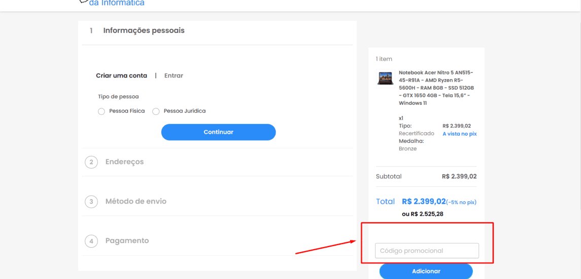 Onde inserir cupom de desconto Saldão da Informática