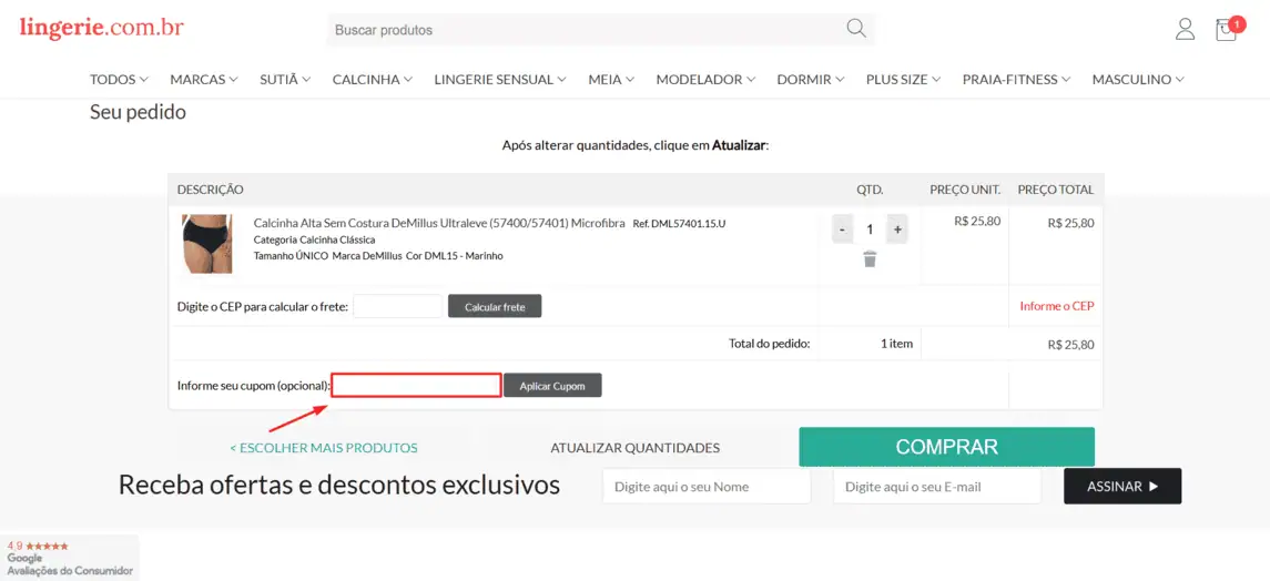 Onde inserir cupom de desconto Lingerie