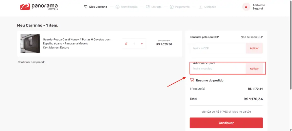 Onde inserir cupom de desconto Panorama Móveis