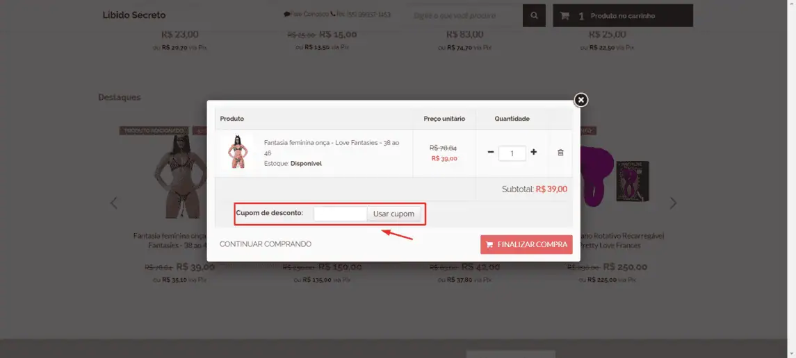 Onde inserir cupom de desconto Libido Secreto