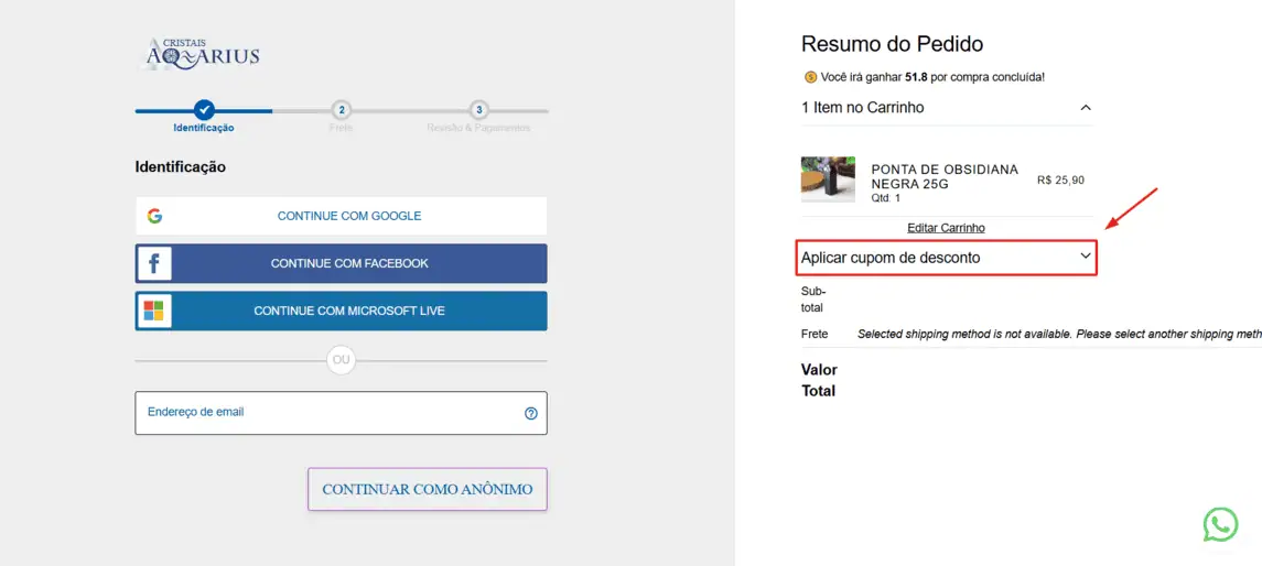 Onde inserir cupom de desconto Cristais Aquarius