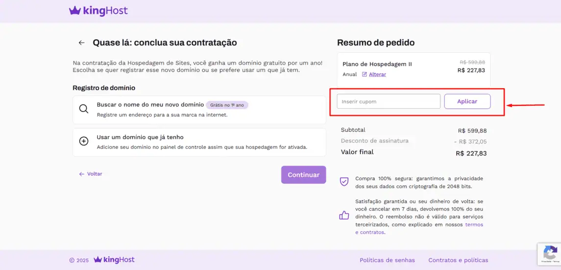 Onde inserir cupom de desconto Kinghost Brasil