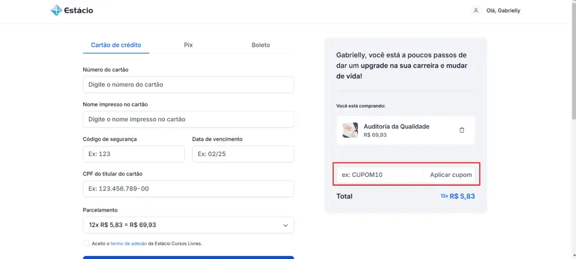 Onde inserir cupom de desconto Estácio