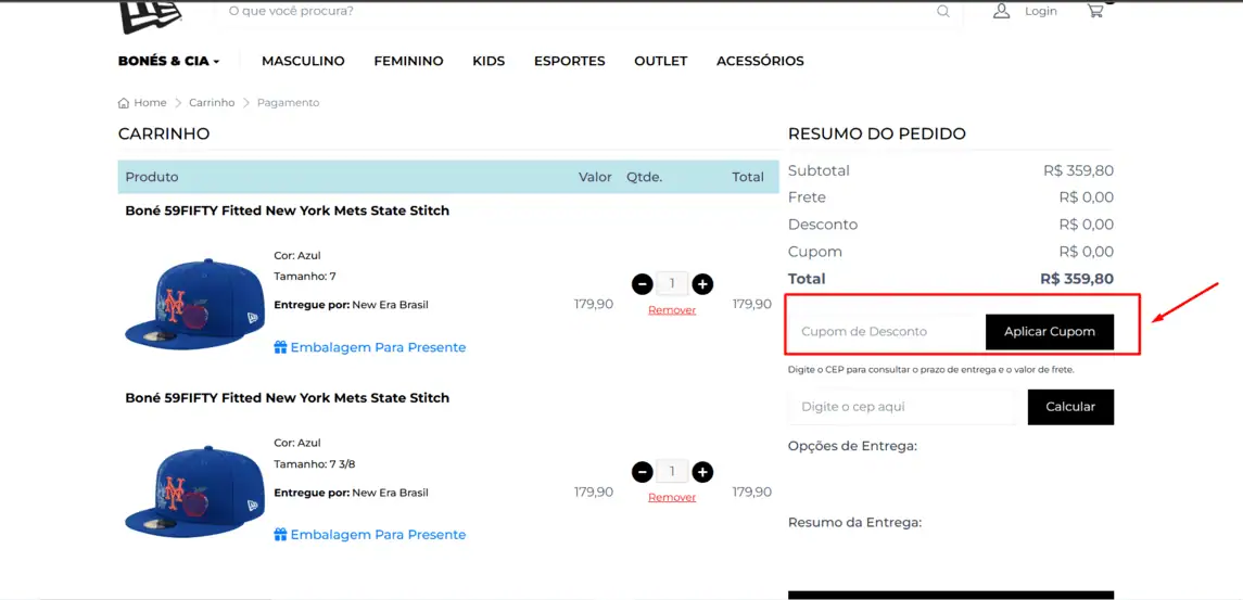 Onde inserir cupom de desconto New Era