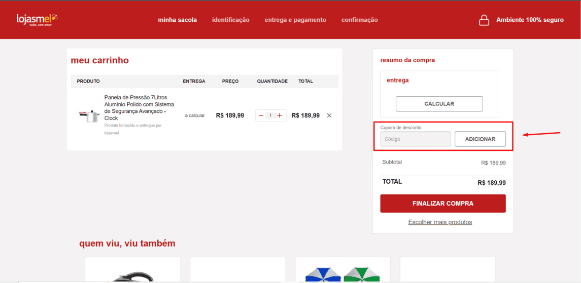 Onde inserir cupom de desconto Lojasmel