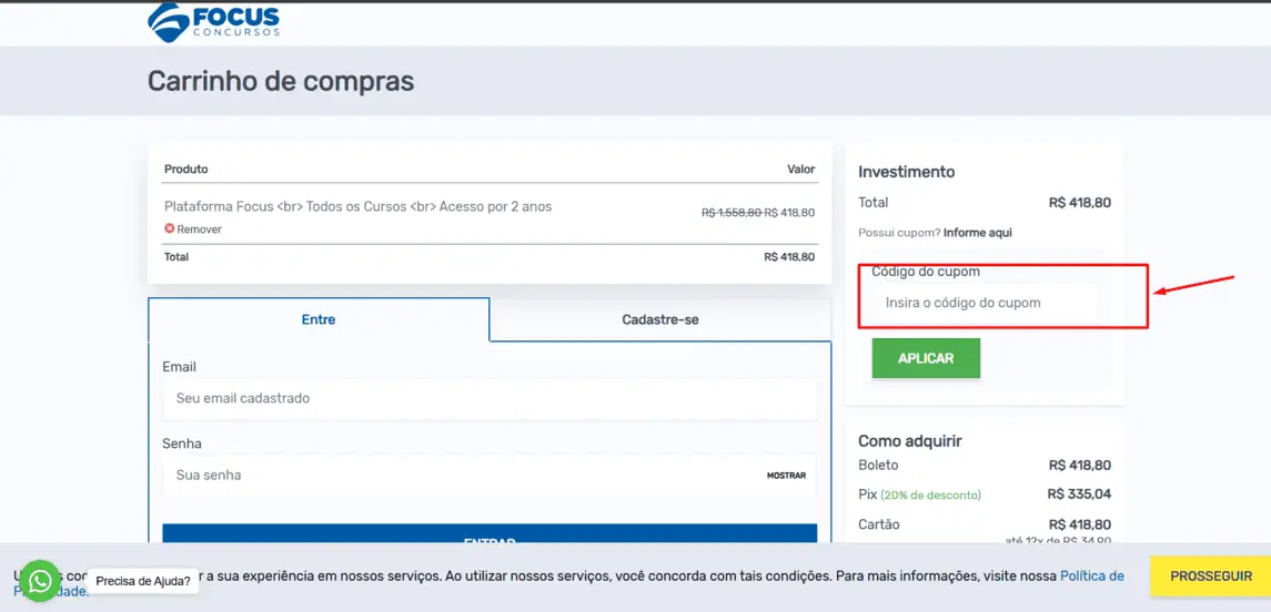 Onde inserir cupom de desconto Focus Concursos