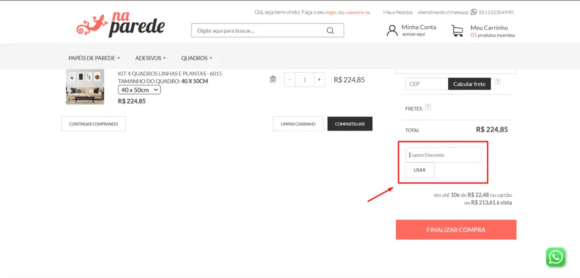 Onde inserir cupom de desconto Na Parede