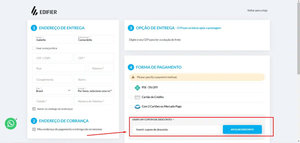 Onde inserir cupom de desconto Edifier