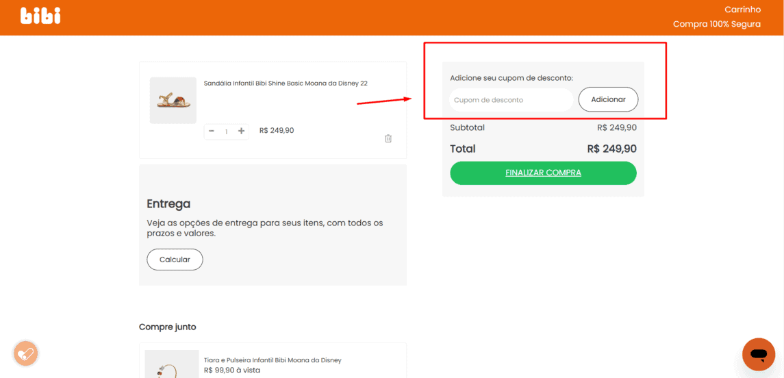 Onde inserir cupom de desconto Bibi
