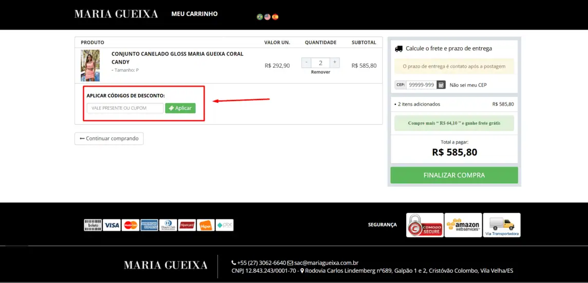 Onde inserir cupom de desconto Maria Gueixa