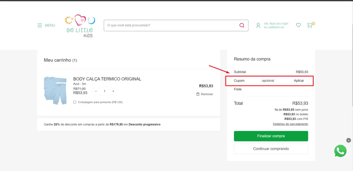 Onde inserir cupom de desconto Be Little