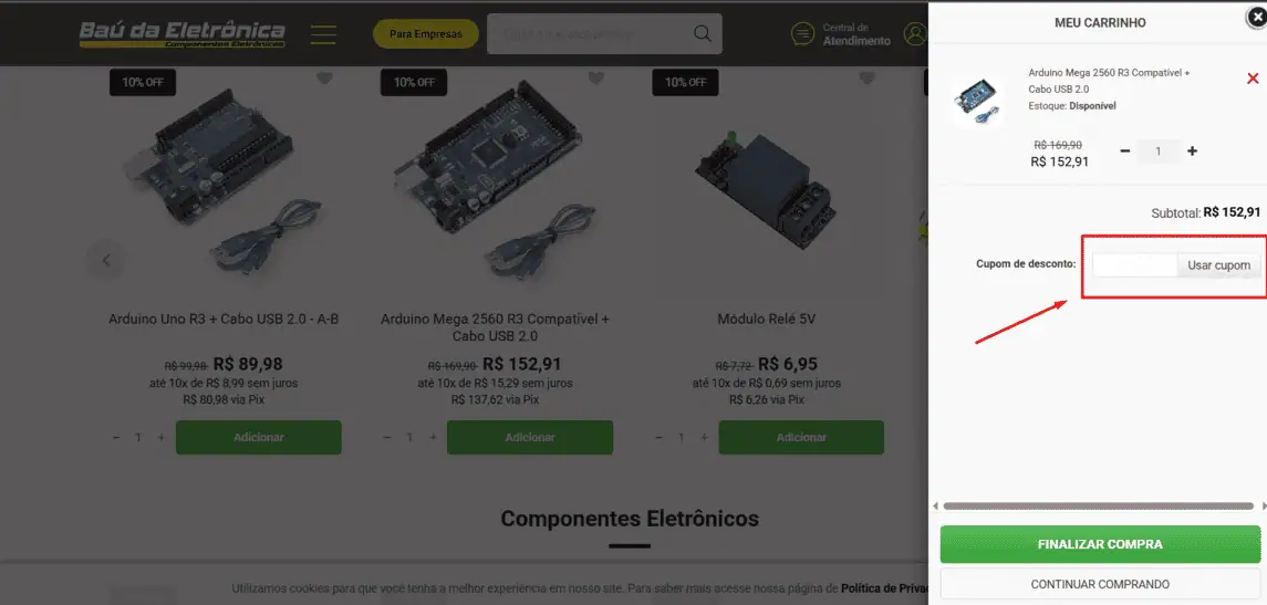 Onde inserir cupom de desconto Baú da Eletrônica