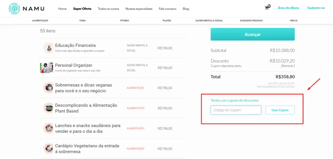 Onde inserir cupom de desconto Namu