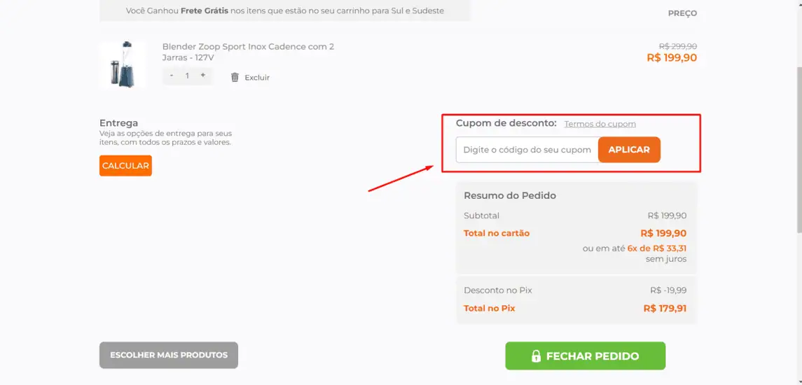 Onde inserir cupom de desconto Cadence
