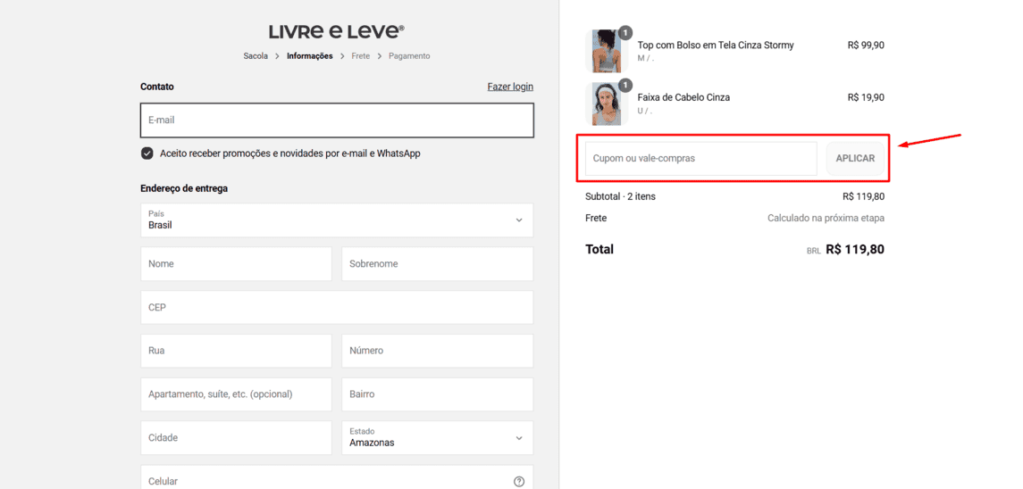 Onde inserir cupom de desconto Livre e Leve