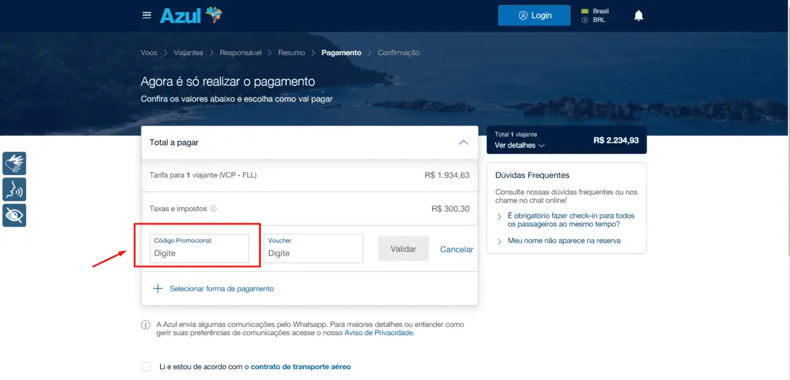 Onde inserir cupom de desconto Azul Viagens