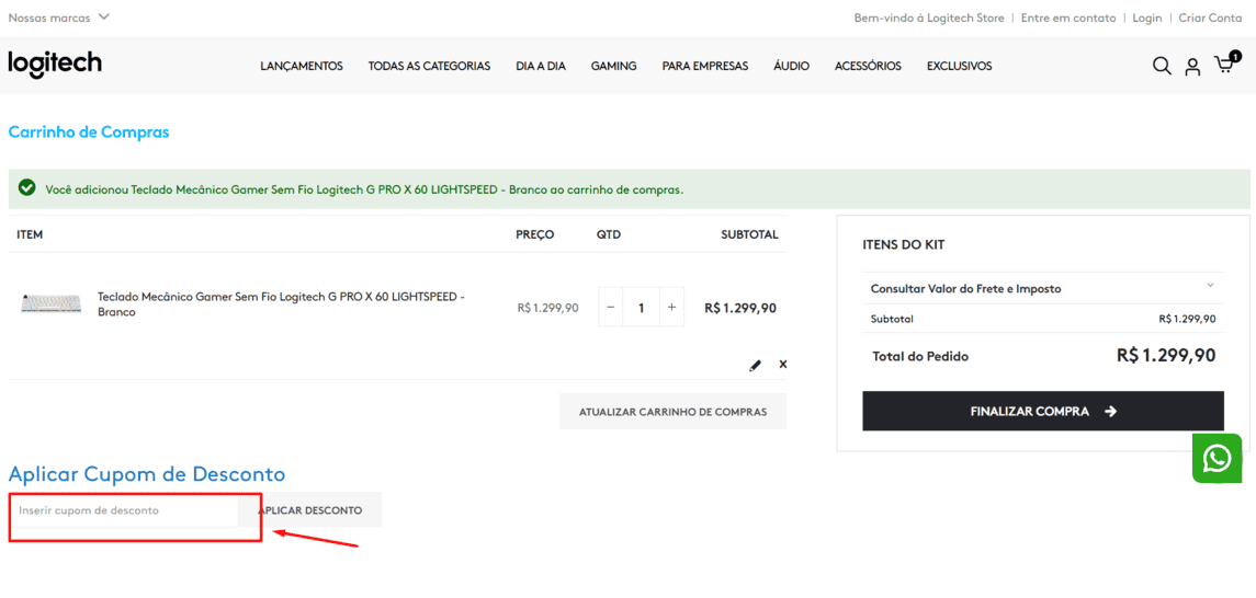 Onde inserir cupom de desconto Logitech Store