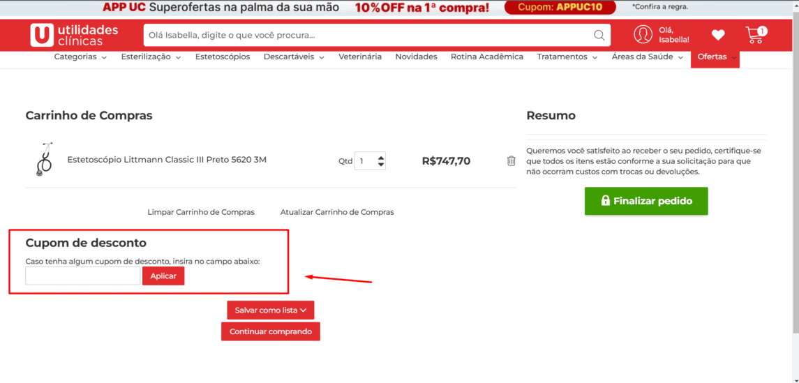 Onde inserir cupom de desconto Utilidades Clínicas