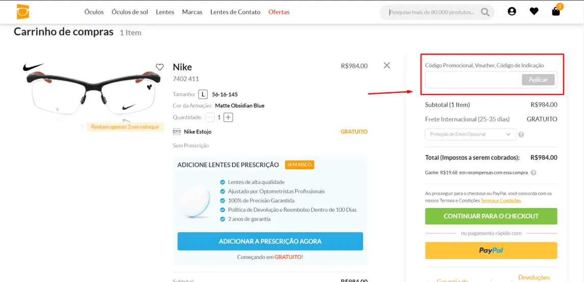 Onde inserir cupom de desconto Óculos World