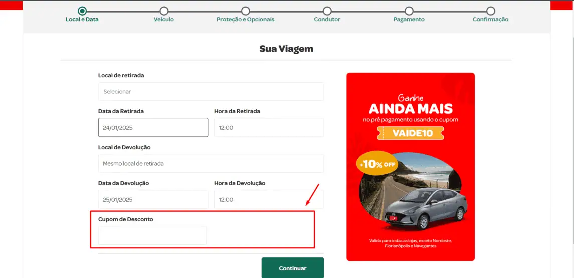 Onde inserir cupom de desconto Foco Aluguel de Carros