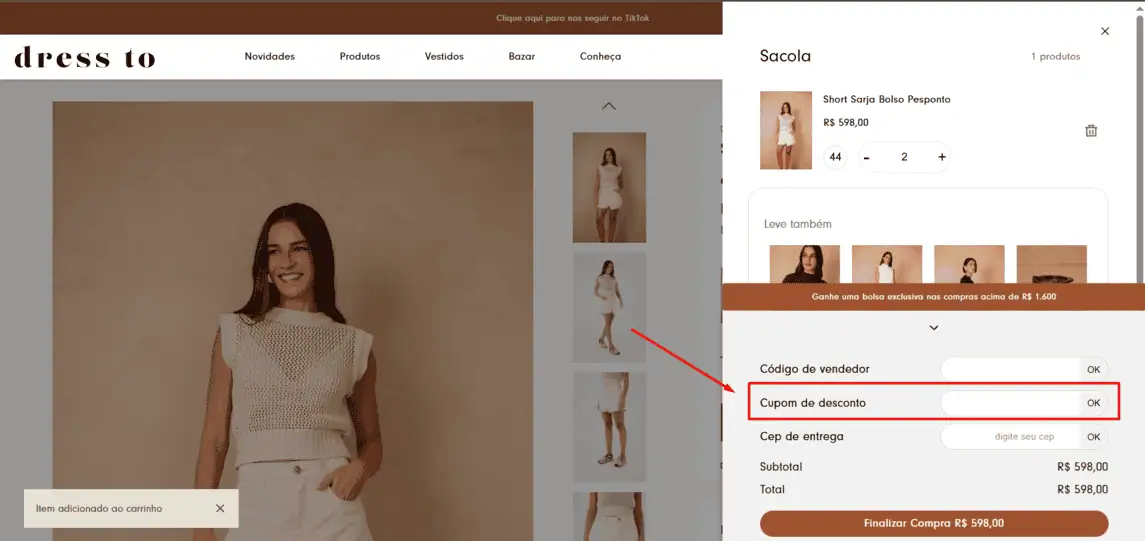 Onde inserir cupom de desconto Dress to