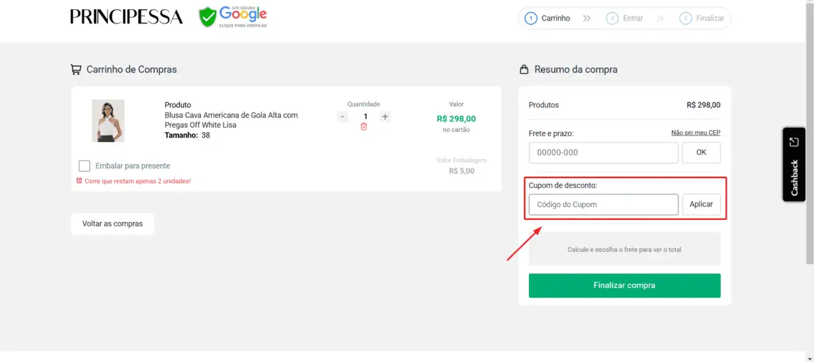 Onde inserir cupom de desconto Loja Principessa