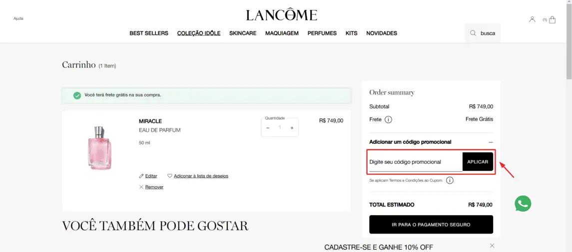Onde inserir cupom de desconto Lancôme