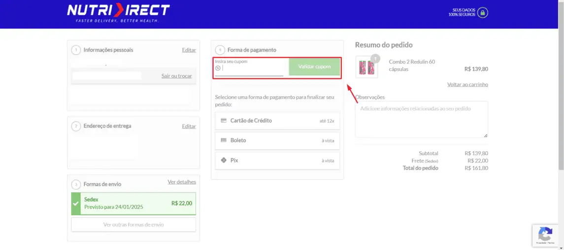 Onde inserir cupom de desconto Nutridirect