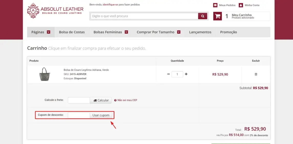 Onde inserir cupom de desconto Absolut Leather