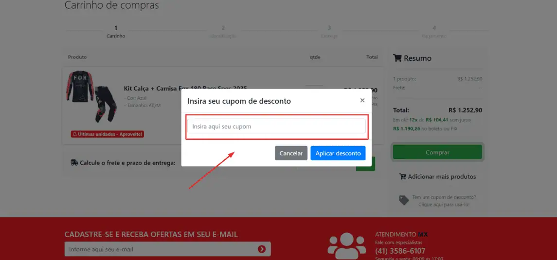 Onde inserir cupom de desconto MX Parts