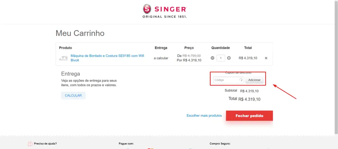 Onde inserir cupom de desconto Singer