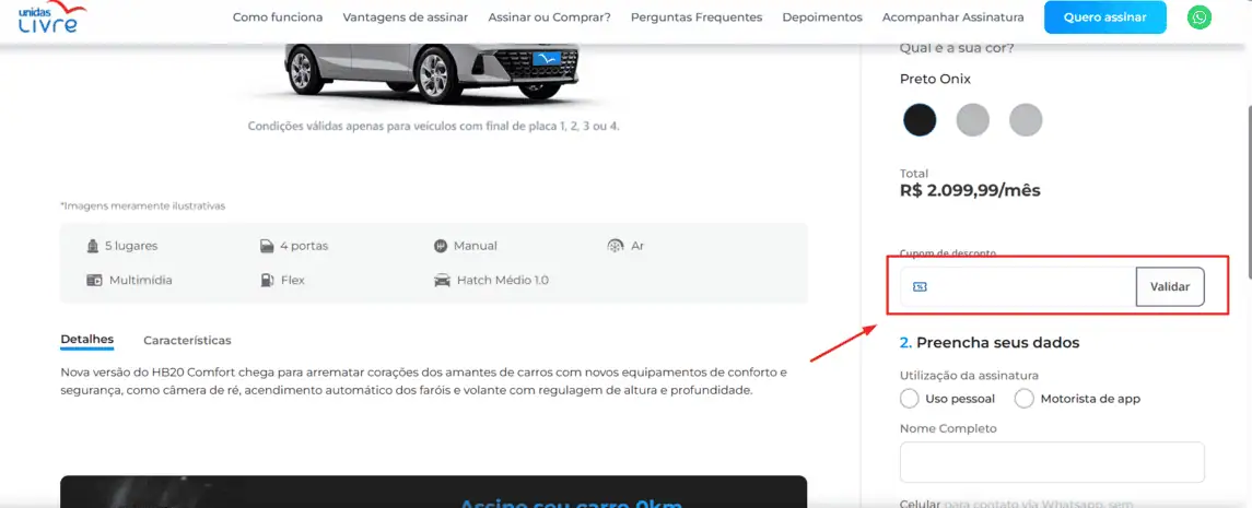 Onde inserir cupom de desconto Unidas Livre