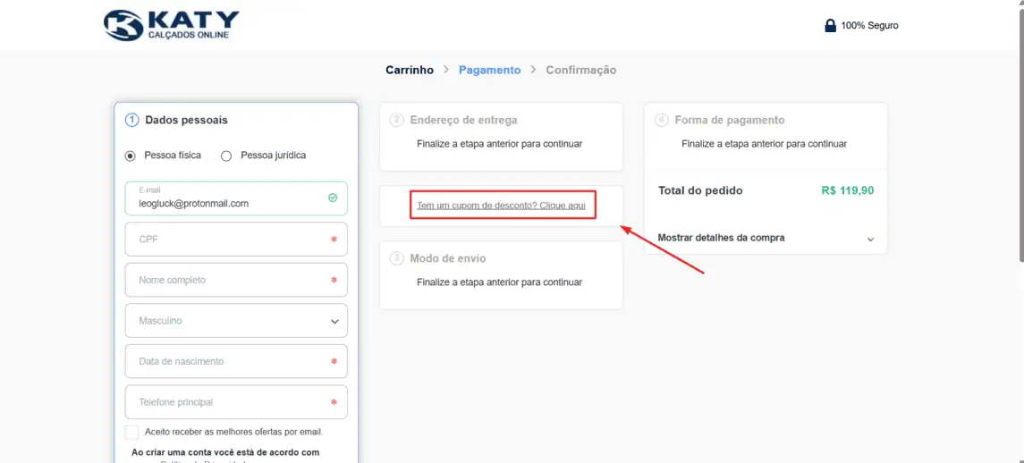 Onde inserir cupom de desconto Katy Calçados
