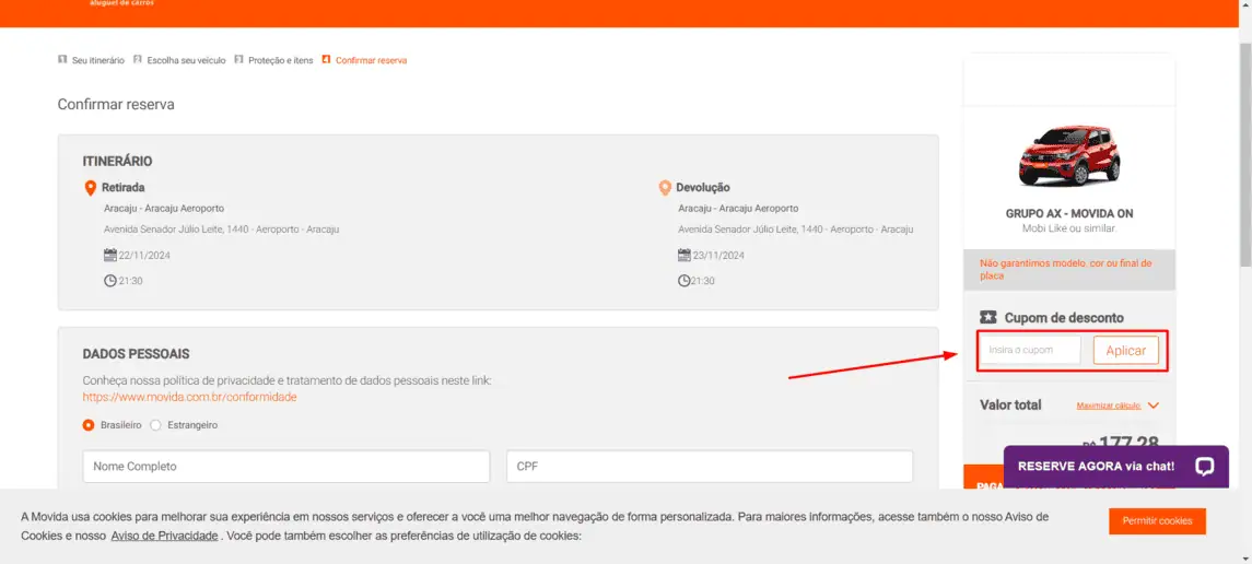 Onde inserir cupom de desconto Movida