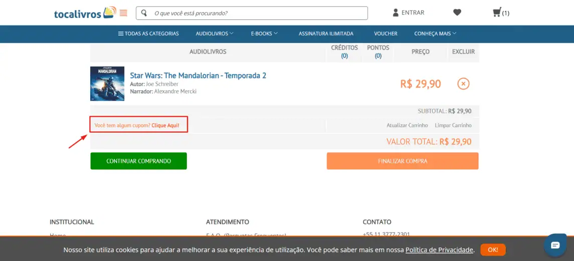 Onde inserir cupom de desconto Tocalivros