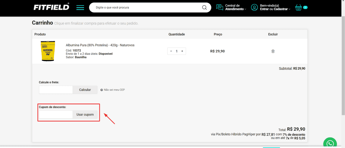 Onde inserir cupom de desconto FITFIELD