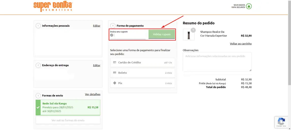 Onde inserir cupom de desconto Super Bonita Cosméticos