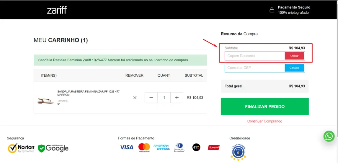 Onde inserir cupom de desconto Zariff