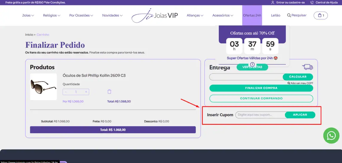 Onde inserir cupom de desconto Joias Vip