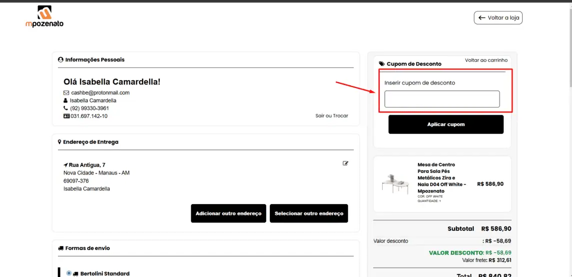 Onde inserir cupom de desconto Mpozenato Móveis