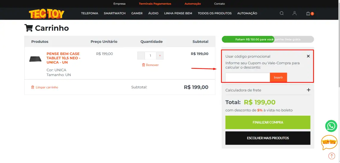 Onde inserir cupom de desconto Tec Toy