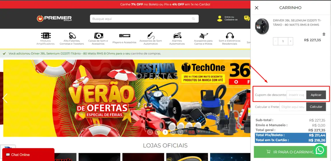 Onde inserir cupom de desconto Premier Shop