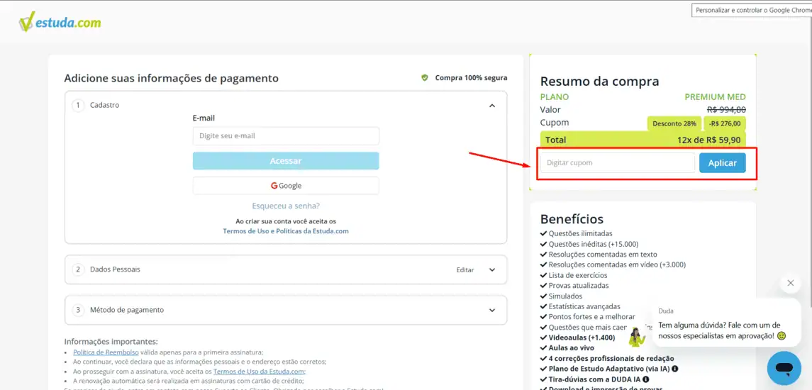 Onde inserir cupom de desconto Estuda.com