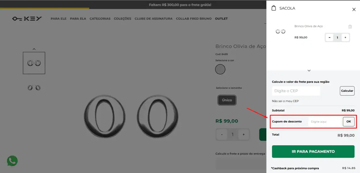 Onde inserir cupom de desconto Key Design